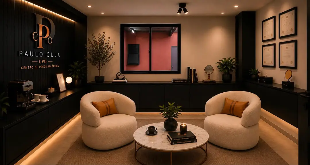 Recepção moderna com poltronas bege, mesa de centro, decoração sofisticada e logo CPO na parede